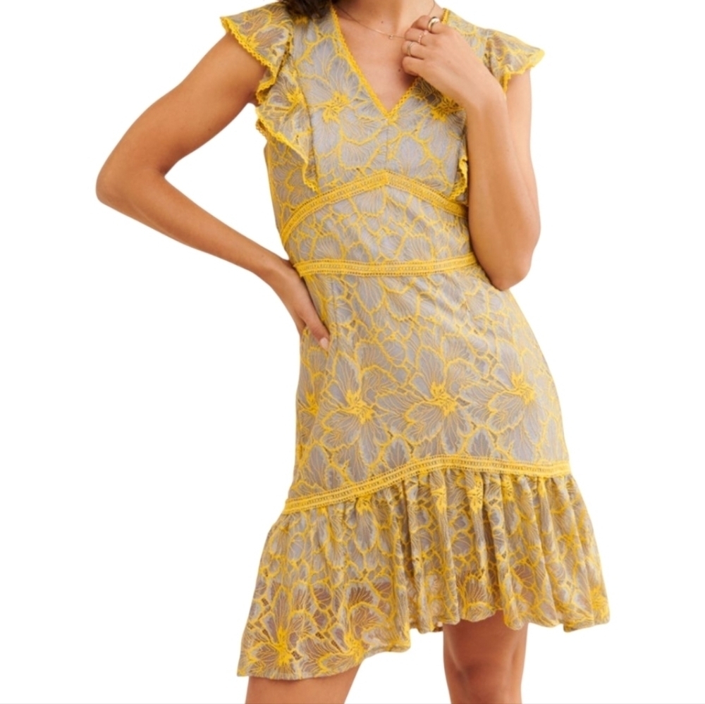 Adelyn Rae Floral Mini Dress Yellow Grey Ruffle Lace